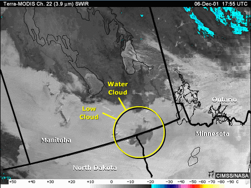 SWIR 3.9-micrometer image over Manitoba and the northern U.S. with annotations showing low water clouds