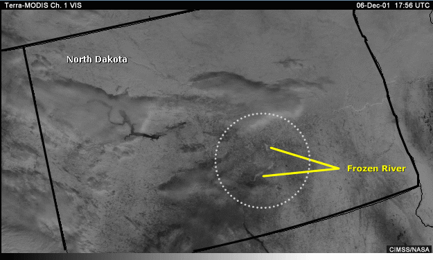 Vis image with annotation indicating a frozen river