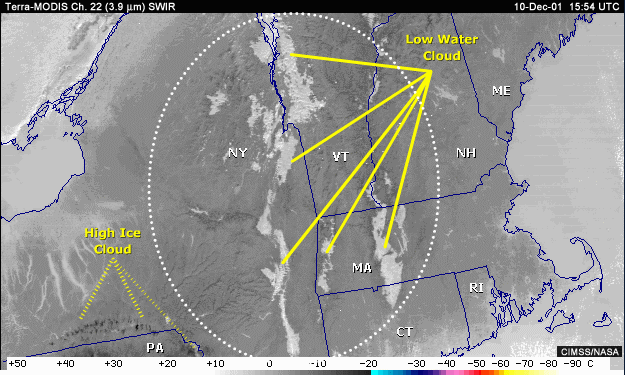 SWIR 3.9 micrometer image of New England with annotation indicating high ice clouds and low water clouds
