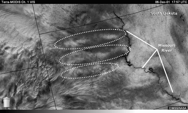 Vis image over South Dakota with question areas indicated.