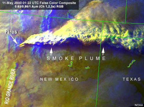 avhrr false color composite of los alamos fire and smoke plume.
