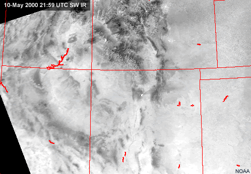 sw ir (1.6 micrometer)image showing fire and smoke plume from los alamos new mexico.