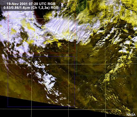 Terra MODIS composite  (ch 1,2,3a) rgb image showing clouds and snow as different colors