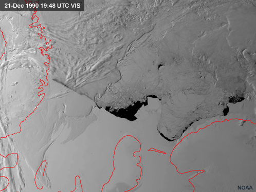  zoomed avhrr image showing water and land features over the antarctic.