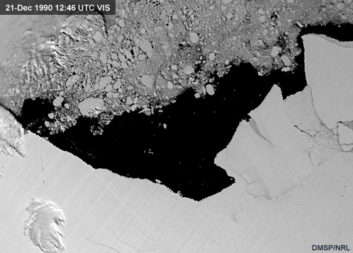  zoomed dmsp image showing water, ice cracks, and land features  over the antarctic.