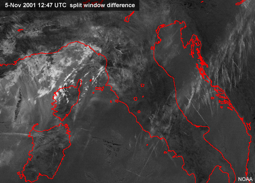 zoom of an ir window image showing hardly discernible contrails.