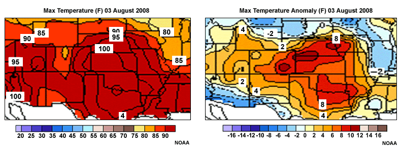 Bottom: Maximum temperature and climatological anomaly in degrees Fahrenheit for 3 August 2008, from Climate Prediction Center.