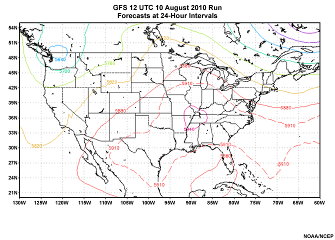 00 to 96 hour GFS 500-hPa height forecasts at 24 hour intervals from the GFS run of 12 UTC 10 August 2010.  Heights in meters; contoured at 60-m intervals.