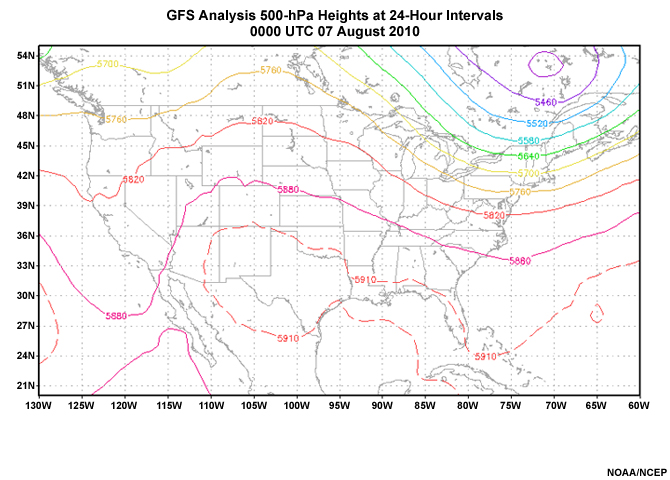 GFS 500-hPa height analyses at 24 hour intervals for the period 00 UTC 7 August 2010 through 00 UTC 10 August 2010.  Heights in meters; contoured at 60-m intervals.
