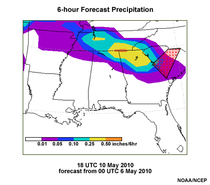 A plan view map of 114-hour, 6-hourly accumulated precipitation forecast from the Global Forecast System over the Southeast U.S. Precipitation amounts are shaded in inches at 0.01, 0.05, 0.10, 0.25 and 0.50 inch levels.  The precipitation is forecast to occur in an overrunning band from northwest Tennessee east-southeastward into the Carolinas and Georgia. The Columbia SC National Weather Service Forecast Office is highlighted with a red dotted polygon.