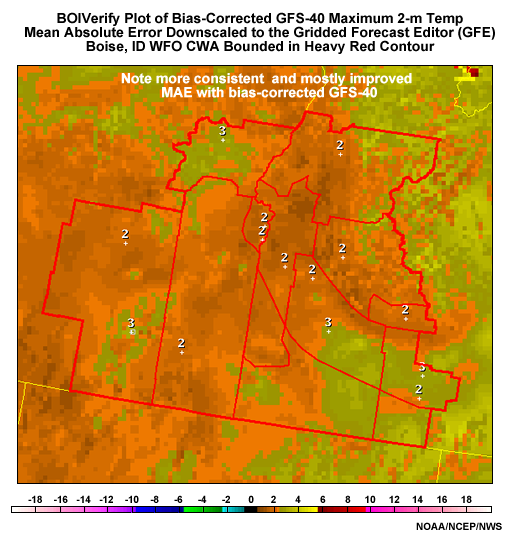 Screen capture of National Weather Service Graphical Forecast Editor using BOIVerify to downscale maximum 2-meter temperature mean absolute error for the bias-corrected GFS at 40-km resolution to the National Forecast Guidance Database Grid. Data is for September 2006.