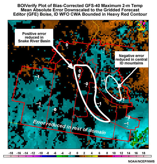 Screen capture of National Weather Service Graphical Forecast Editor using BOIVerify to downscale maximum 2-meter temperature bias errors for the bias-corrected GFS at 40-km resolution to the National Forecast Guidance Database Grid. Data is for September 2006.