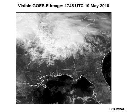 A plan view visible satellite map centered on Montgomery, AL for valid time 1745 UTC 10 May 2010. Image comes from UCAR's RAL lab.