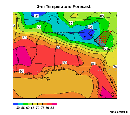A plan view of a 114-hour 2-m temperature forecast in degrees Fahrenheit for the Southeast U.S. from the GFS valid 18 UTC 10 May 2010. The Columbia SC National Weather Service Forecast Office is highlighted with a red dotted polygon.