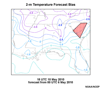 A plan view of a 114-hour 2-m temperature forecast bias in degrees Fahrenheit for the Southeast U.S. from the GFS valid 18 UTC 10 May 2010. The Columbia SC National Weather Service Forecast Office is highlighted with a red dotted polygon.