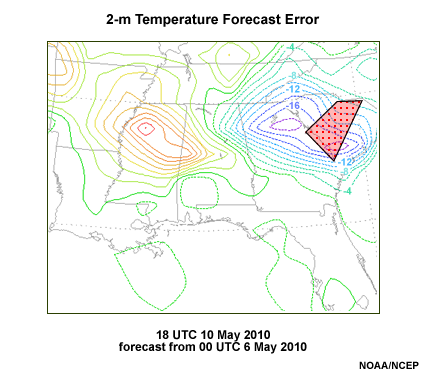 A plan view of the 114-hour 2-m temperature forecast error in degrees Fahrenheit for the Southeast U.S. from the GFS valid 18 UTC 10 May 2010. The Columbia SC National Weather Service Forecast Office is highlighted with a red dotted polygon.