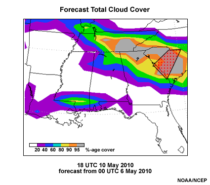 A plan view of the 114-hour total cloud cover forecast in percent coverage for the Southeast U.S. from the GFS valid 18 UTC 10 May 2010. The Columbia SC National Weather Service Forecast Office is highlighted with a red dotted polygon.