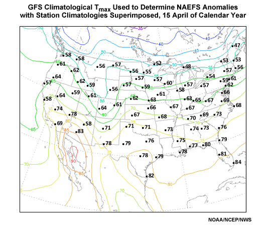 Long term contoured National Centers for Environmental Prediction model analysis climatology versus plotted NWS 1971-2000 30-year station climatologies for 15 April maximum 2-m temperature.