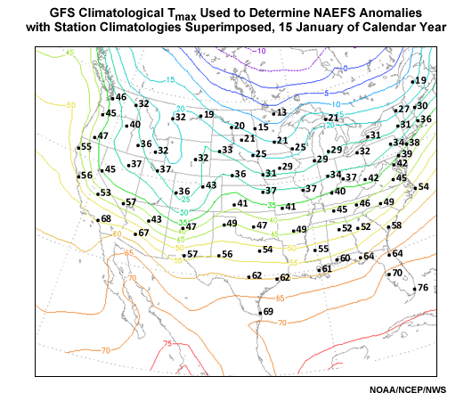 Long term contoured National Centers for Environmental Prediction model analysis climatology versus plotted NWS 1971-2000 30-year station climatologies for 15 January maximum 2-m temperature.