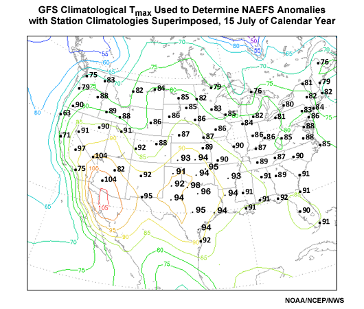 Long term contoured National Centers for Environmental Prediction model analysis climatology versus plotted NWS 1971-2000 30-year station climatologies for 15 July maximum 2-m temperature.