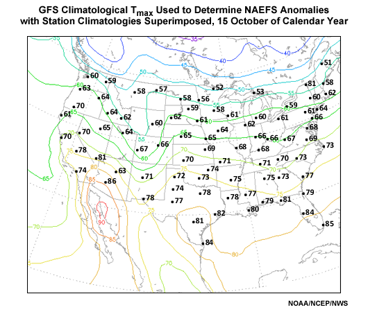 Long term contoured National Centers for Environmental Prediction model analysis climatology versus plotted NWS 1971-2000 30-year station climatologies for 15 October maximum 2-m temperature.