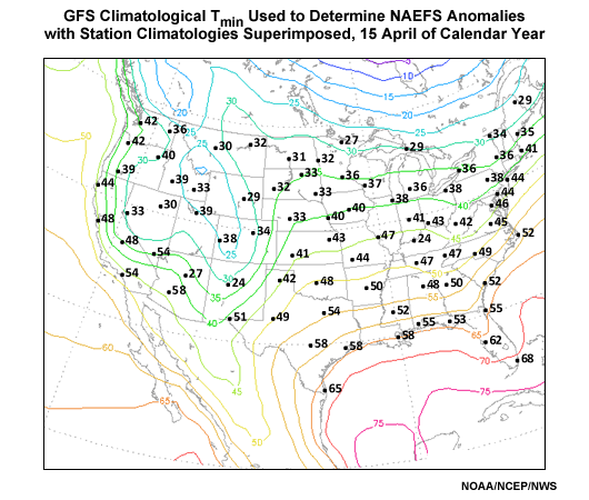 Long term contoured National Centers for Environmental Prediction model analysis climatology versus plotted NWS 1971-2000 30-year station climatologies for 15 April minimum 2-m temperature.