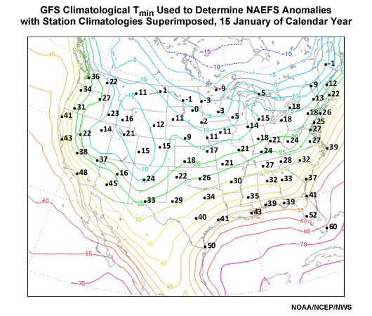 Long term contoured National Centers for Environmental Prediction model analysis climatology versus plotted NWS 1971-2000 30-year station climatologies for 15 January minimum 2-m temperature.