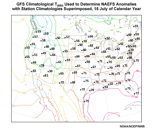 Long term contoured National Centers for Environmental Prediction model analysis climatology versus plotted NWS 1971-2000 30-year station climatologies for 15 July minimum 2-m temperature.