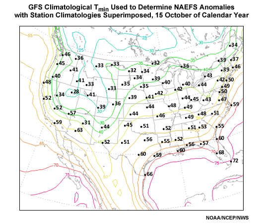 Long term contoured National Centers for Environmental Prediction model analysis climatology versus plotted NWS 1971-2000 30-year station climatologies for 15 October minimum 2-m temperature.