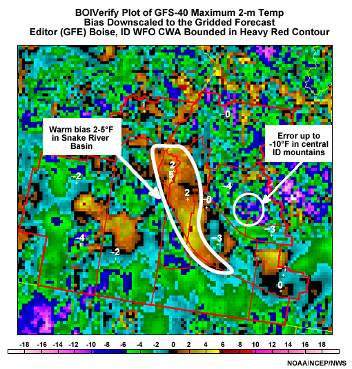 Screen capture of National Weather Service Graphical Forecast Editor using BOIVerify to downscale maximum 2-meter temperature bias errors for the uncorrected GFS at 40-km resolution to the National Forecast Guidance Database Grid. Data is for September 2006.