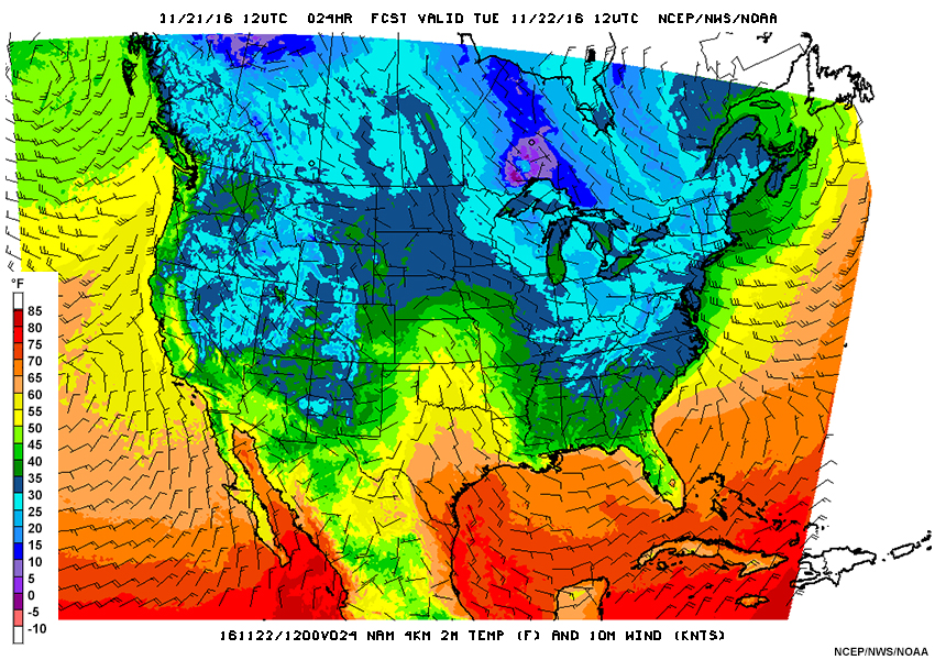 Example of a 2-m temperature and 10-m wind forecast from the 4 km NAM.
