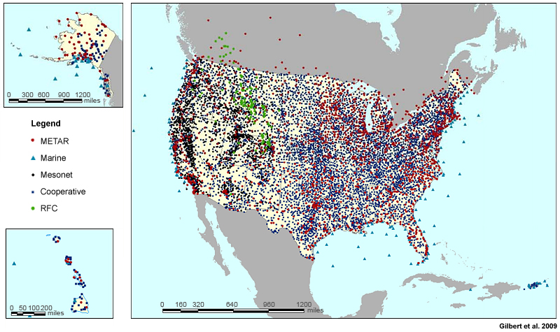 MOS stations for daytime maximum and nighttime minimum temperatures in the GFS MOS system.