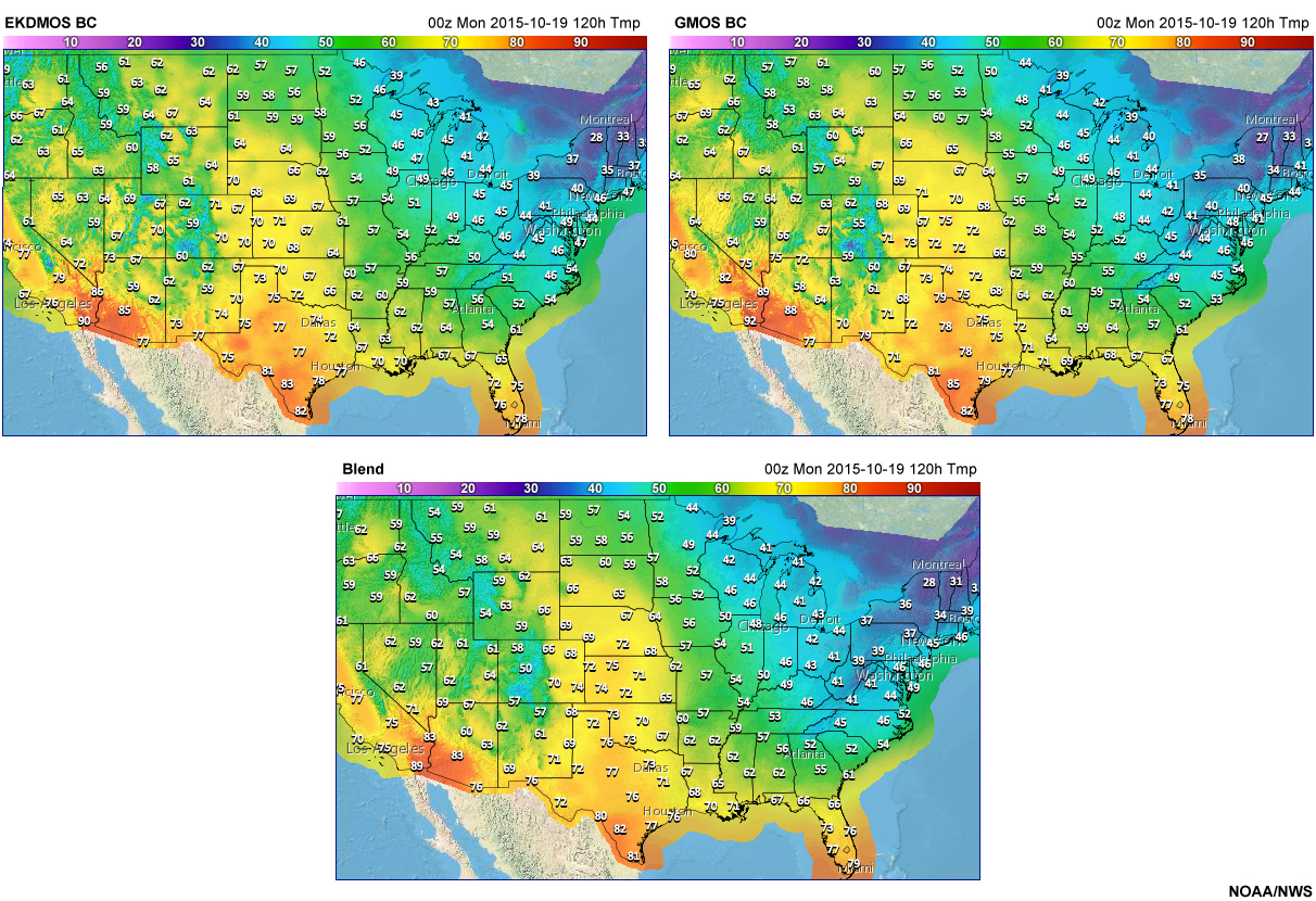 Example of temperature forecasts from the EKDMOS and GMOS products, as well as for the Blend.
