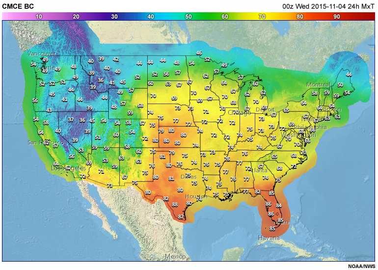 Example of a bias-corrected CMCE maximum temperature forecast.