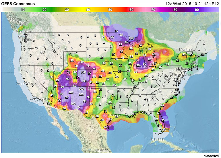 Percent of GEFS members producing measurable precipitation (0.01 inch or more).