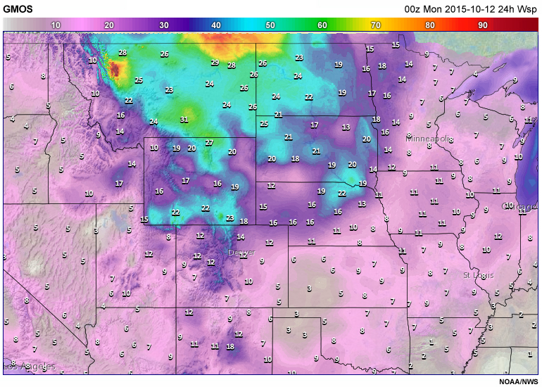 Example of a gridded GFS MOS (GMOS) wind speed forecast.