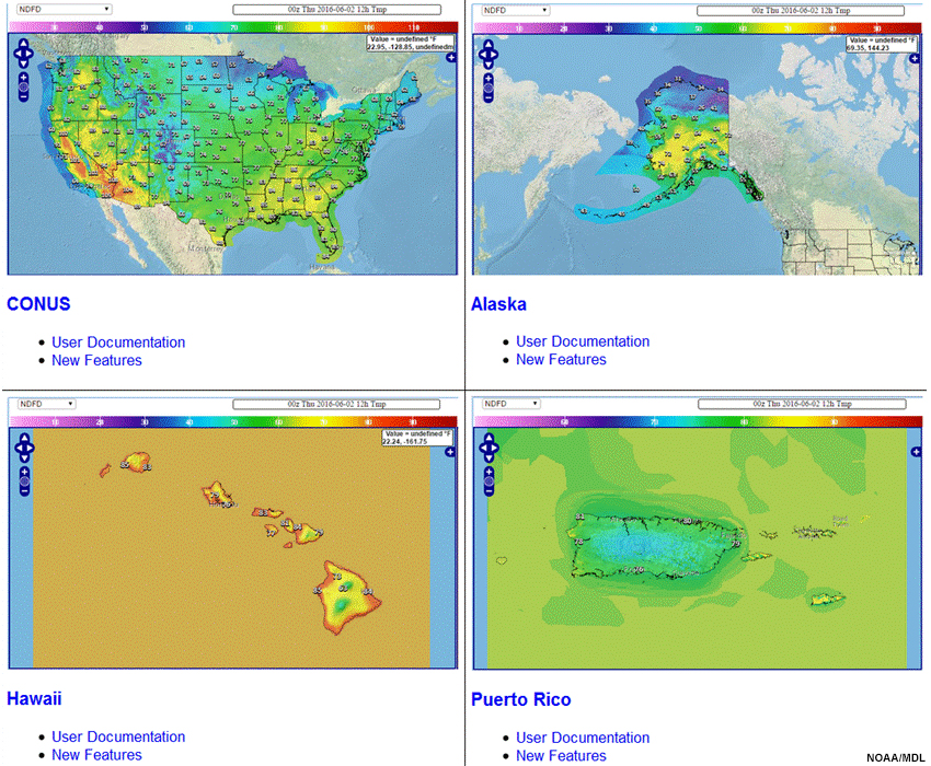 Example of temperature forecasts for several domains from the NDFD.