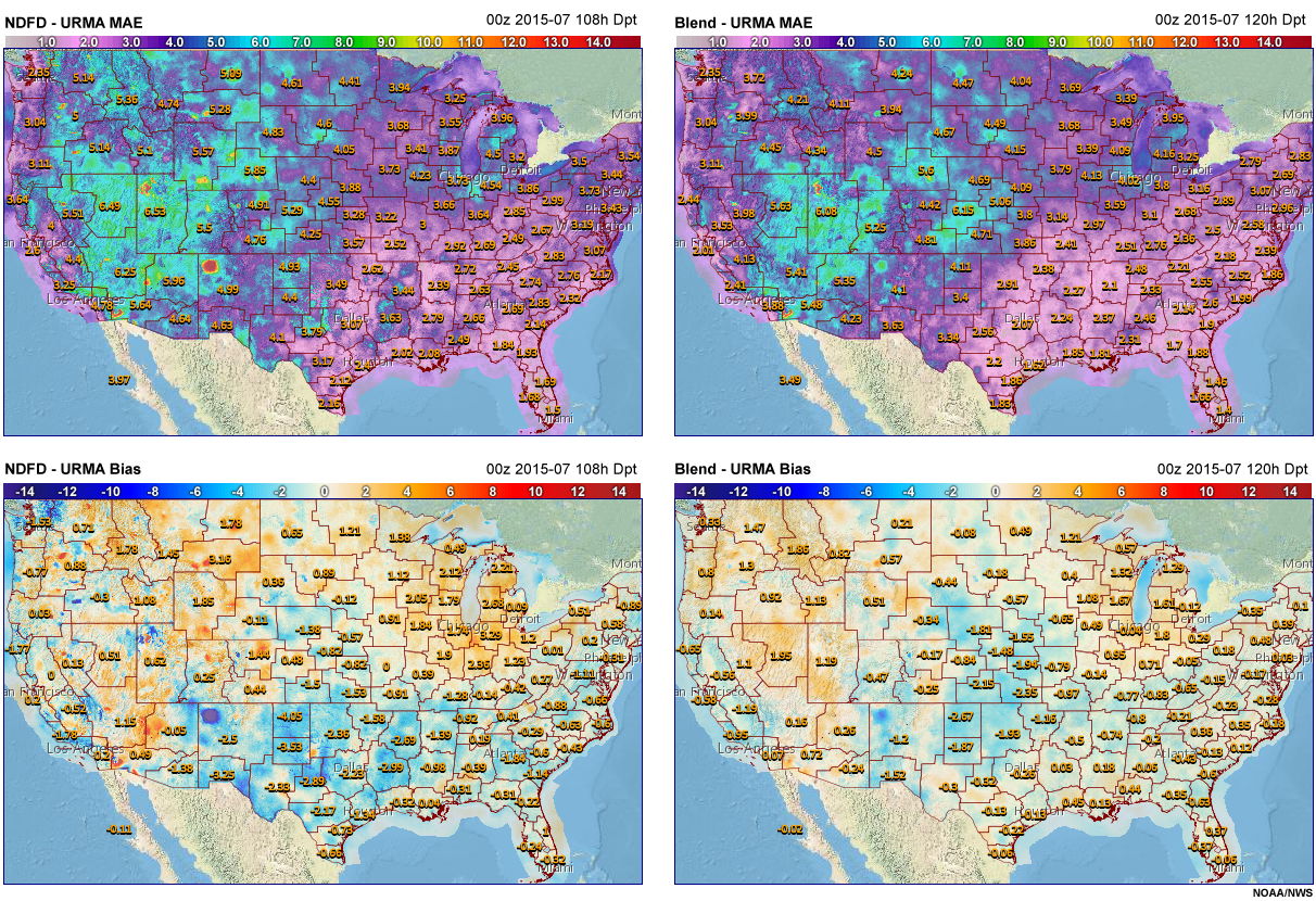 July 2015 MAE and Bias for dewpoint at 120 hours from NDFD and the Blend, compared to URMA.