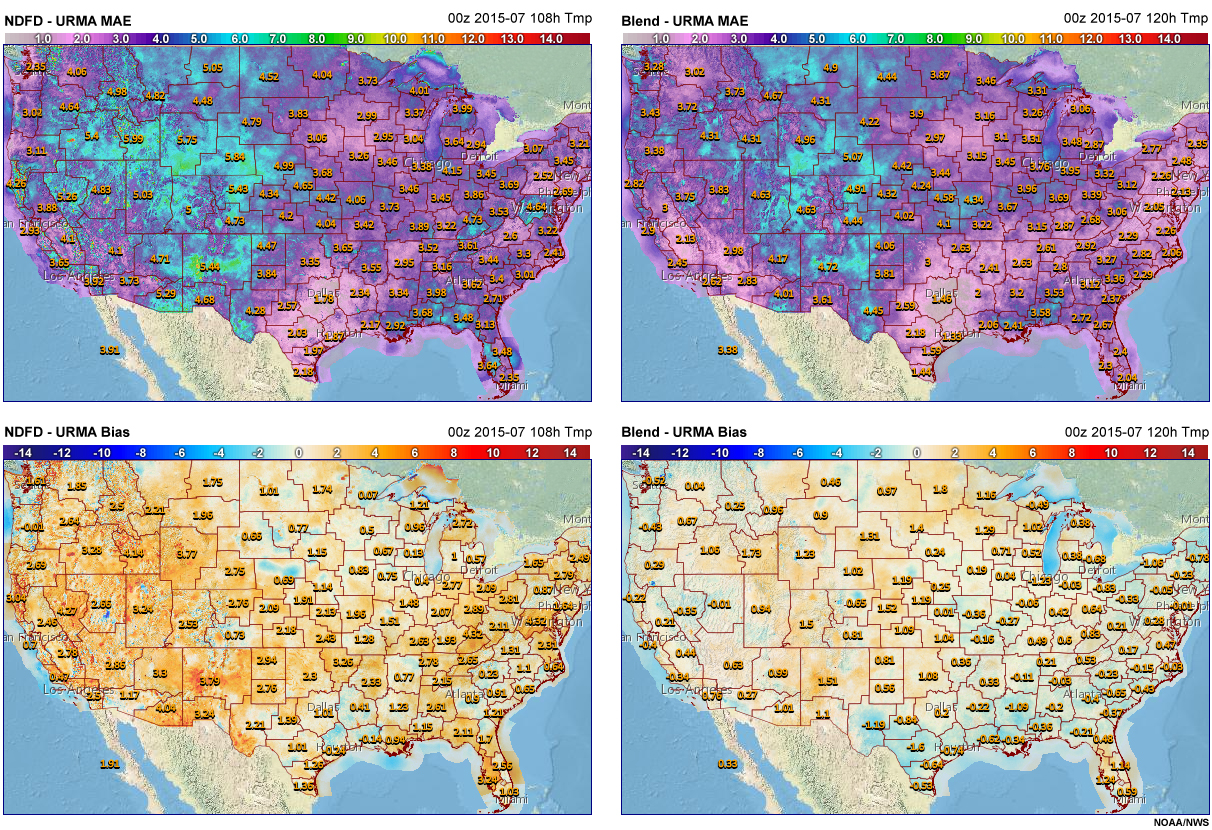July 2015 MAE and Bias for temperature at 120 hours from NDFD and the Blend, compared to URMA.