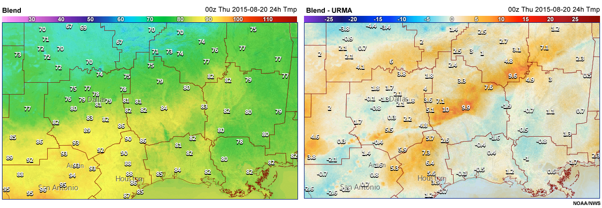 24-hour temperature forecasts from Blend in the southwestern U.S.
