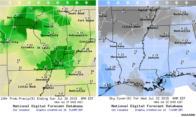 Regional examples of National Digital Forecast Database 12-hour probability of precipitation forecast issued on 26 July 2015 and sky cover forecast issued on 22 July 2015.