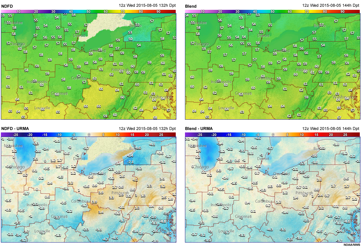 Dewpoint 144-hour forecasts from NDFD and the Blend in the Midwest, as well as their differences with URMA.