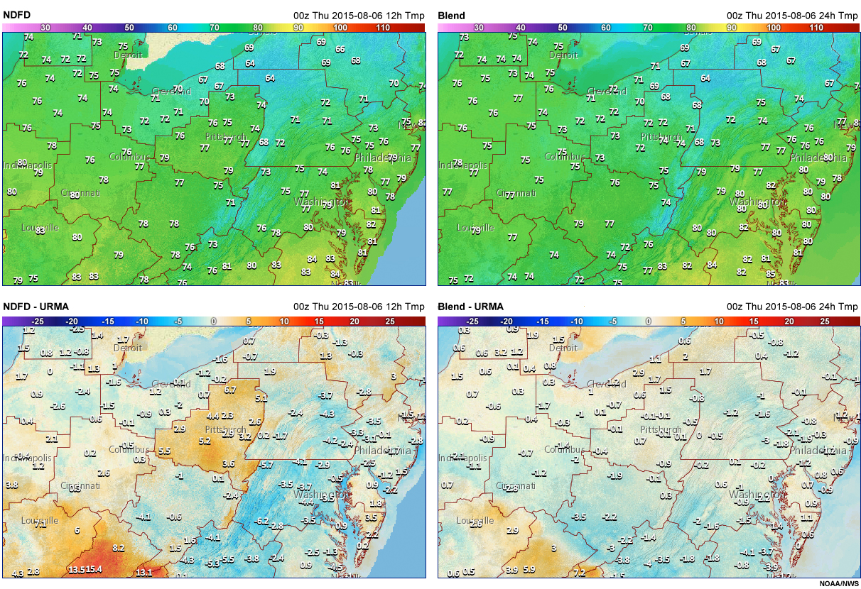 Temperature 24-hour forecasts from NDFD and the Blend in the Northeastern US, as well as their differences with URMA.