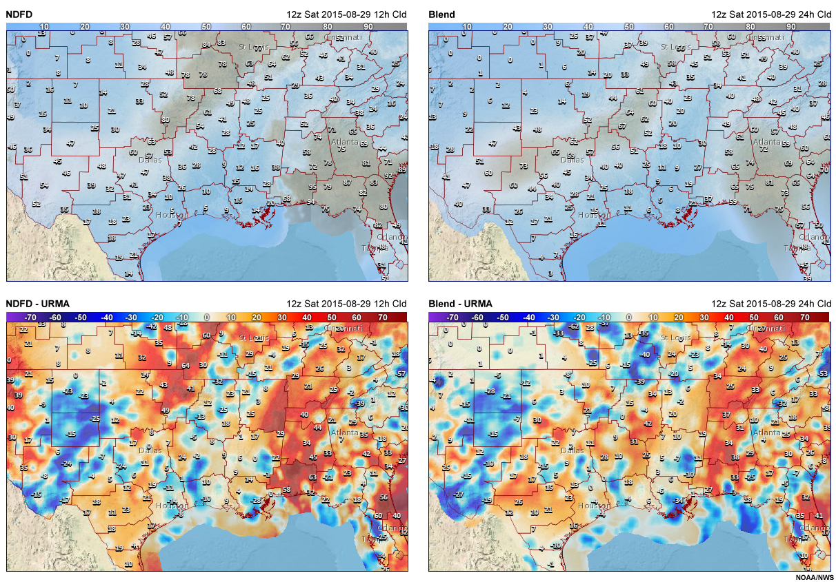 Sky cover 24-hour forecasts from NDFD and the Blend, as well as their differences with URMA.