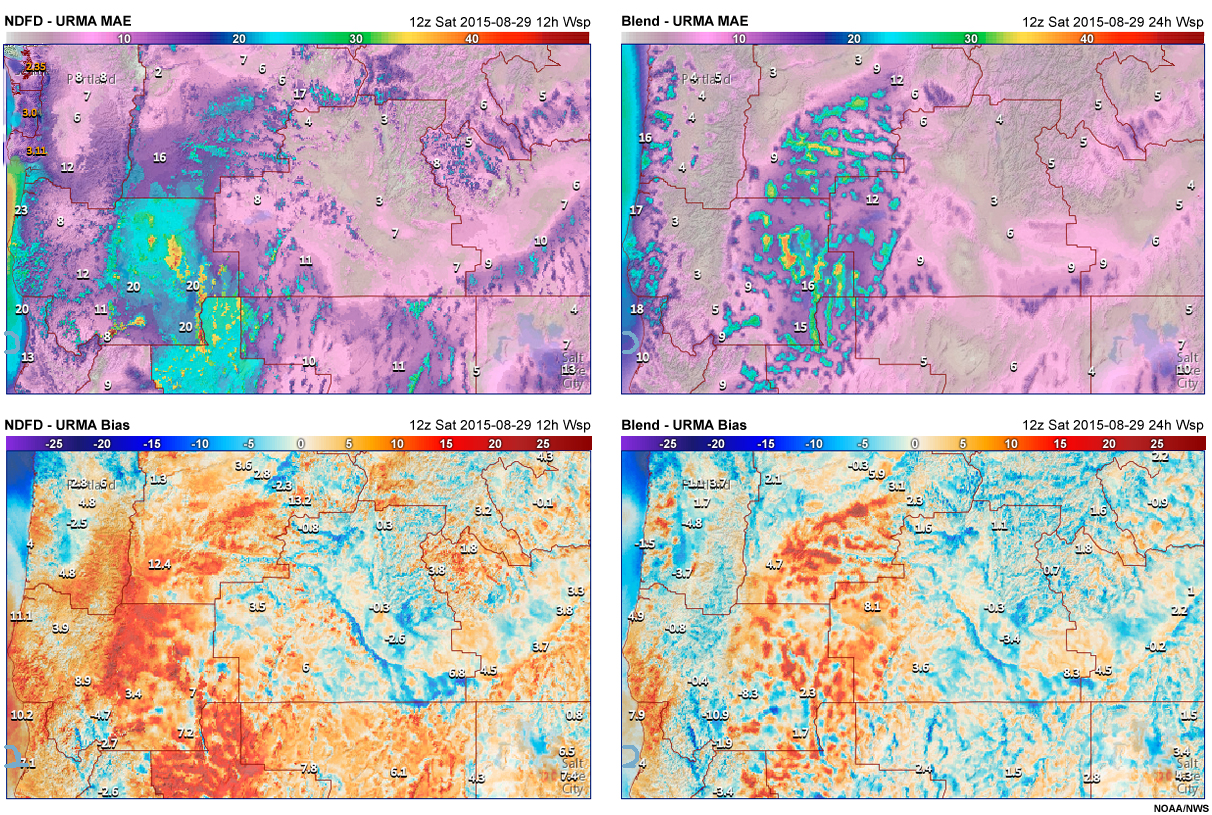 Wind speed 24-hour forecasts from NDFD and the Blend, as well as their differences with URMA.