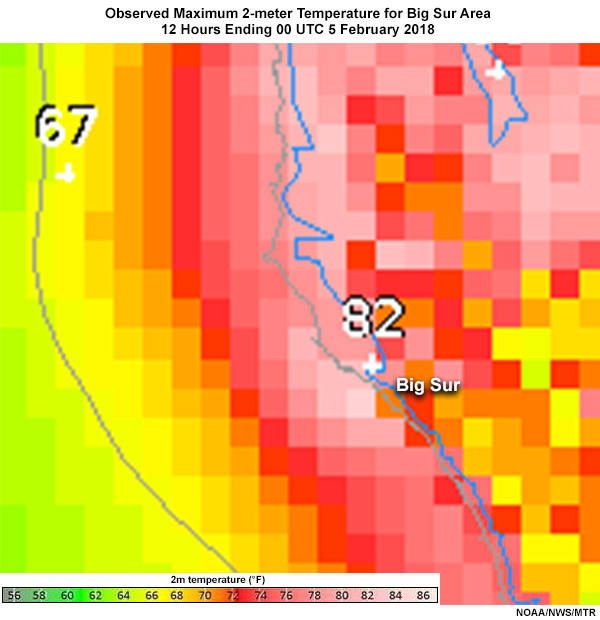 Observed maximum 2-meter temperature for central California, 12 hours ending 00 UTC 5 February 2018   
