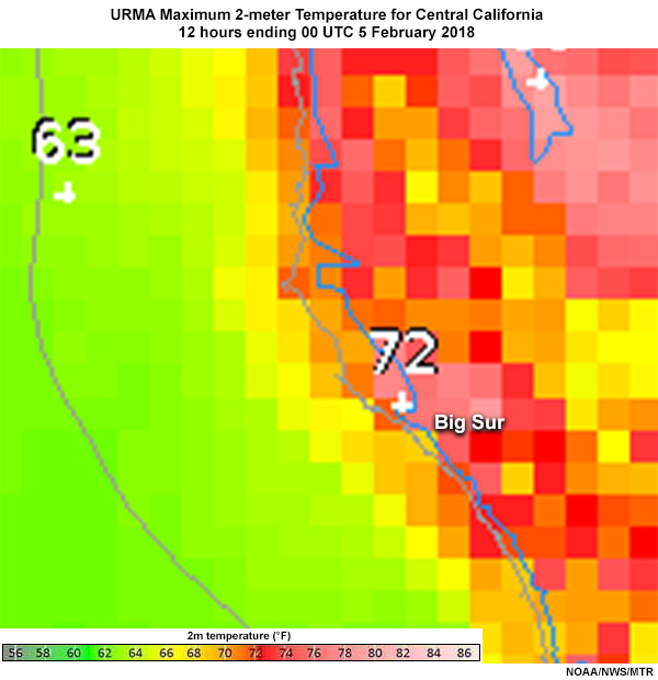  Unrestricted mesoscale analysis maximum 2-meter temperature for Big Sur CA area for 12 hours ending 00 UTC 5 February 2018