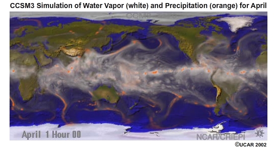 CCSM3 Simulation of Water Vapor (white) and Precipitation (orange) for April