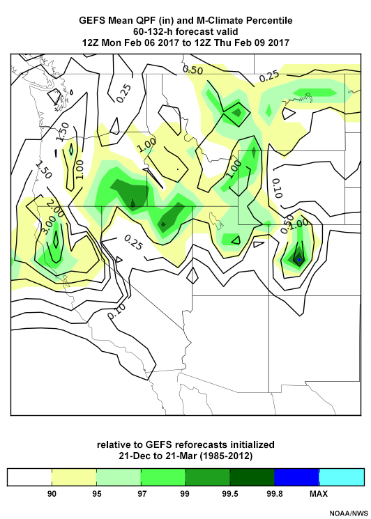 00 UTC 4 February Global Ensemble Forecast System 72-hour accumulated precipitation forecast (inches) valid 12 UTC Feb 9 2017, and percentile relative to 21 December to 21 March 1985-2012 CFS-R climatology.