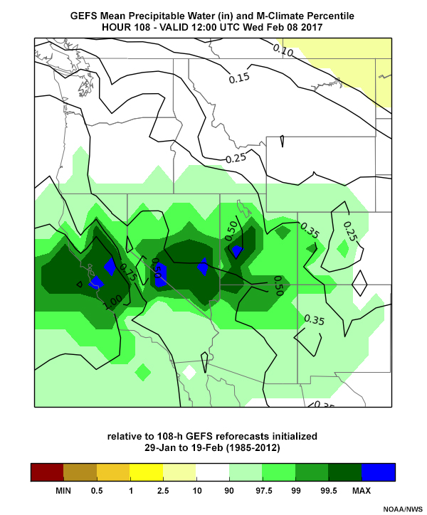 108-hour precipitable water forecast (inches) and climatological percentile relative to 29 January to 19 February M-Climatology
